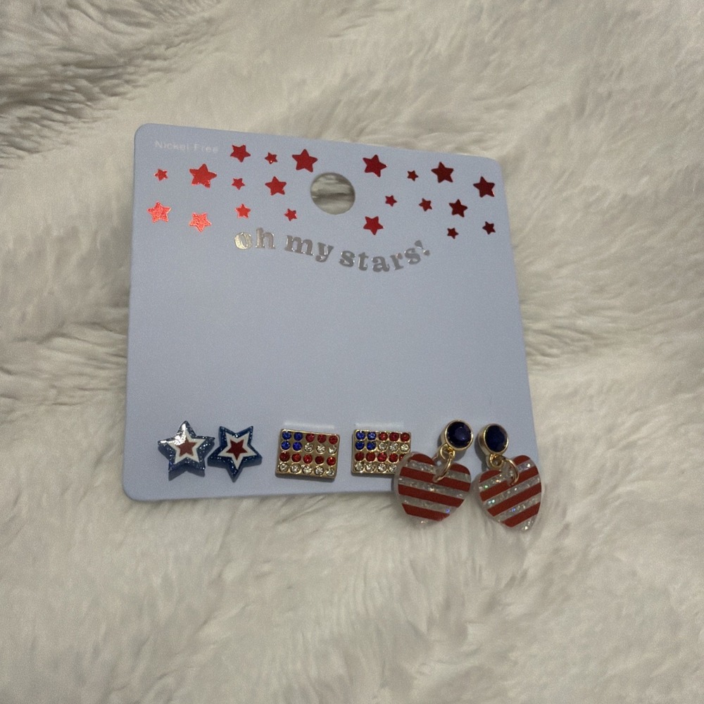 Oh My Stars Nickel-Free 3 Pairs Earrings 4th of July USA Red White Blue NEW